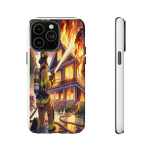 Load image into Gallery viewer, Animated Firefighter battling a House Fire , Tough Cases, Phone cases