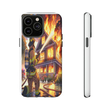 Load image into Gallery viewer, Animated Firefighter battling a House Fire , Tough Cases, Phone cases
