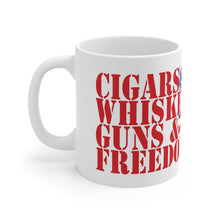 Load image into Gallery viewer, Cigars, Whiskey, Guns & FREEDOM is the pride of this Coffee Cup. Ceramic Mug