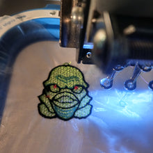 Load image into Gallery viewer, Creature from the Black Lagoon Earrings, Machine Embroidery Lace / Halloween
