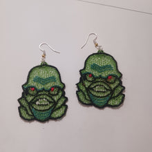 Load image into Gallery viewer, Creature from the Black Lagoon Earrings, Machine Embroidery Lace / Halloween
