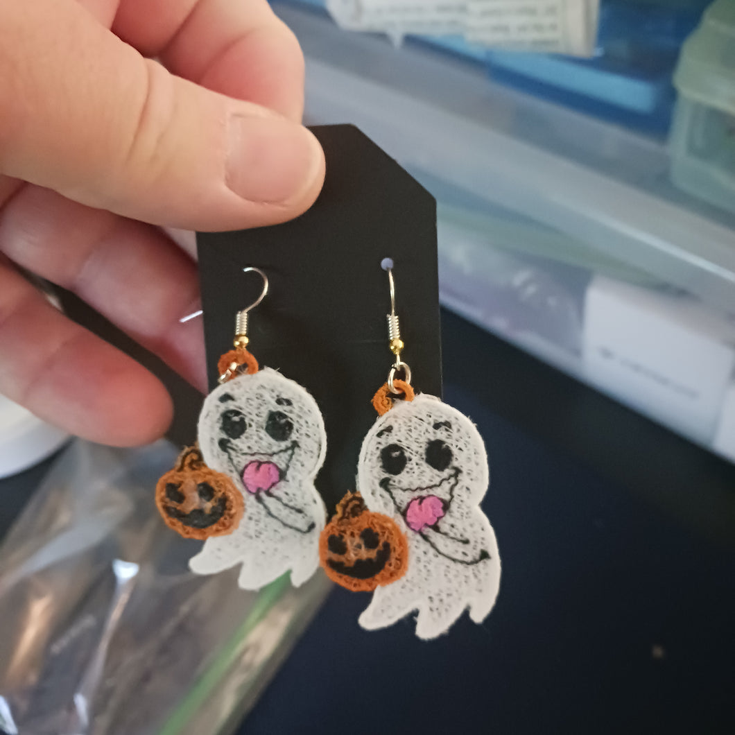 Earrings, Ghost with Pumpkin, Embroider Lace