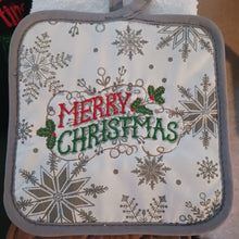 Load image into Gallery viewer, Embroidered Pot Holder with &quot;Merry Christmas&quot; Let&#39;s get into the Christmas Spirit
