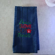 Load image into Gallery viewer, Embroidered Kitchen Towel - Peace, Love, Joy, Treats for Pet Lovers
